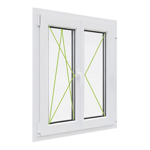 Kömmerling 76 mm-es, középen felnyíló (váltószárnyas) balos bukó-nyíló-nyíló műanyag ablak 118x118-as 2 rétegű üveggel 