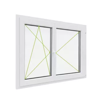   Kömmerling 76 mm-es, középen felnyíló (váltószárnyas) balos bukó-nyíló-nyíló műanyag ablak 148x118-as 2 rétegű üveggel 