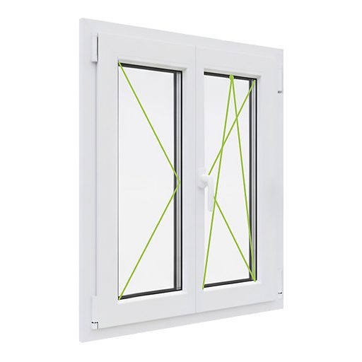 Kömmerling 76 mm-es, középen felnyíló (váltószárnyas) jobbos nyíló-Bukó-nyíló műanyag ablak 118x118-as 2 rétegű üveggel 